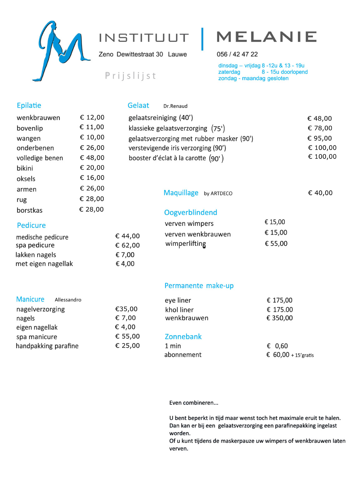 Schoonheidsinstituut Melanie Lauwe West-Vlaanderen prijslijst