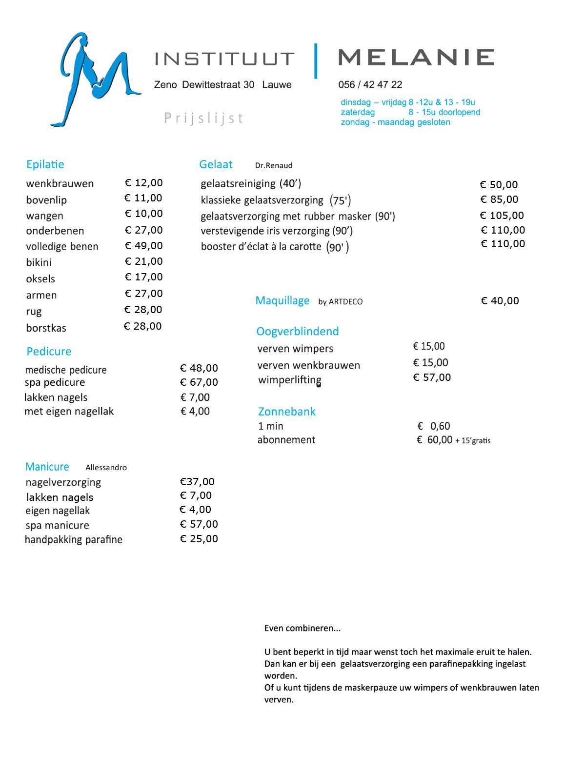 Schoonheidsinstituut Melanie Lauwe West-Vlaanderen prijslijst