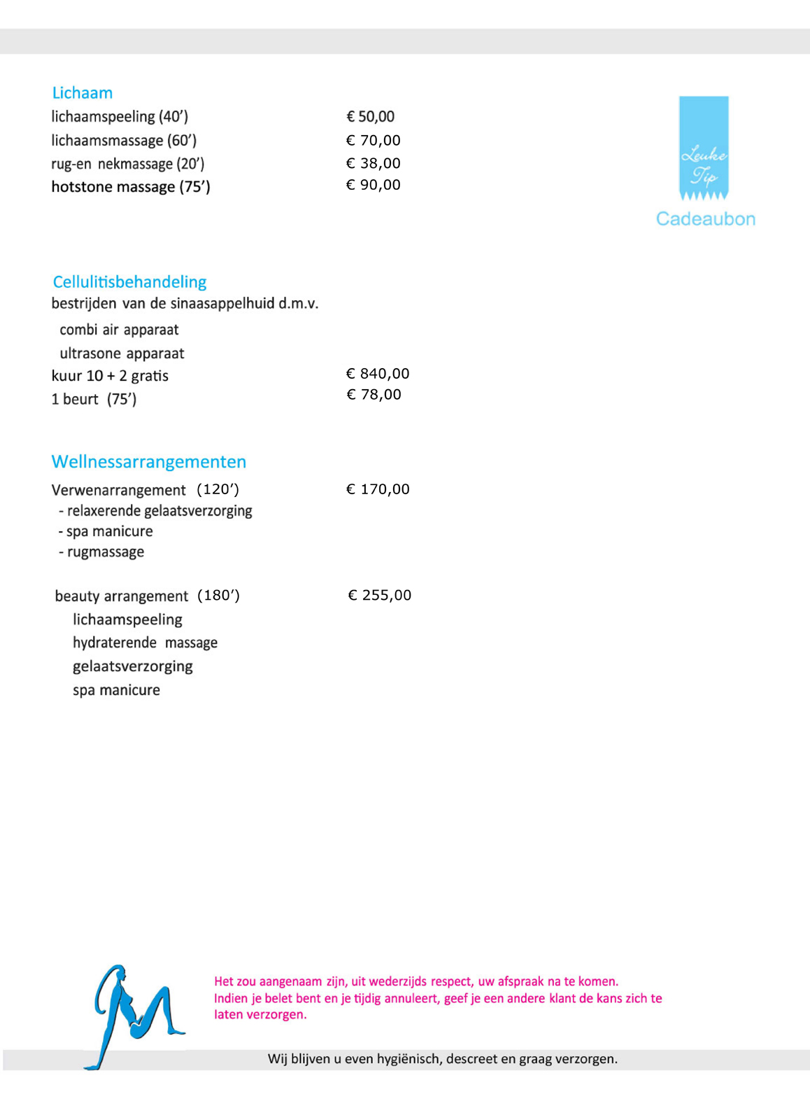 Schoonheidsinstituut Melanie Lauwe West-Vlaanderen prijslijst